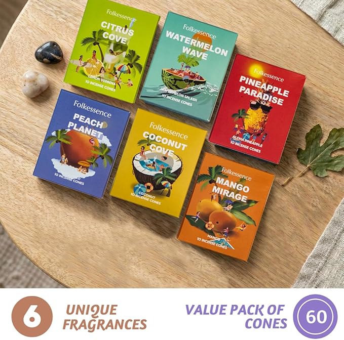 Folkulture Incense Cones (60 Cones) | Set of 6 Summer Insence Cones for Aromatherapy, Relaxation | No Charcoal, Organic, Non Toxic Lemon & Mango, Pineapple Scented Inscents-Cones FOLKULTURE