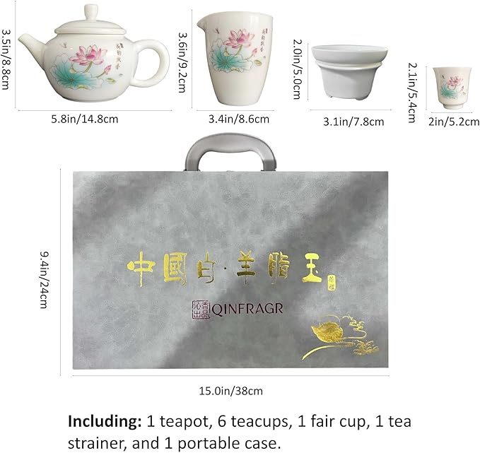 Lotus-Painted Chinese Gongfu Porcelain Tea Set: 6 Teacups & 1 Teapot. Made of Chinese/Japanese-style porcelain, ideal as a gift for business occasions & holidays (Lotus Design) - Bloomnest