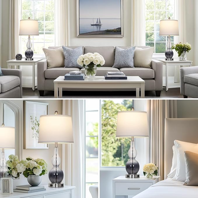 27.5" Gradual Gray Clear Glass Table Lamp Set of 2,3-Way Dimmable Touch Control Bedside Lamps with USB Ports and AC Outlet, Modern Nightstand Lamps for Bedroom Living Room - Bloomnest