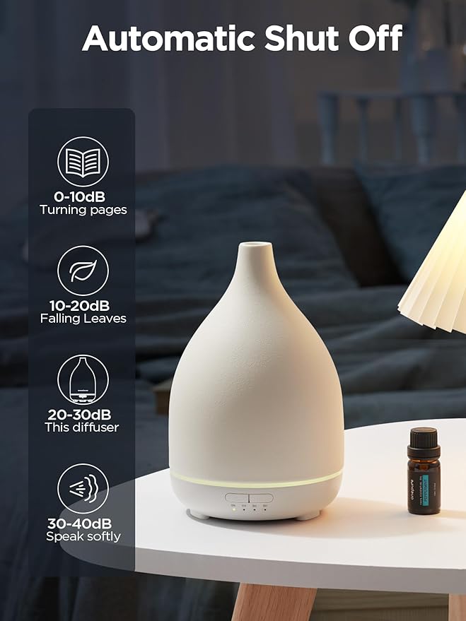 InnoGear Oil Diffuser, 300ML Ceramic Diffuser for Essential Oils Handcrafted Aromatherapy Diffuser Ultrasonic Cool Mist Humidifier with 4 Timers Waterless Auto Off for Room Office, White Base - Bloomnest