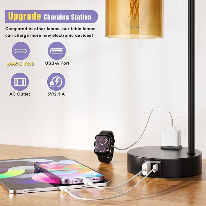 Industrial Touch Nightstand Lamps for Bedrooms Set of 2 - 3-Way Dimmable Table Lamps with USB C+A Ports and Outlet, Bedside Lamps with Amber Glass Shade for Living Room, Desk Lamps for Home Office - Bloomnest