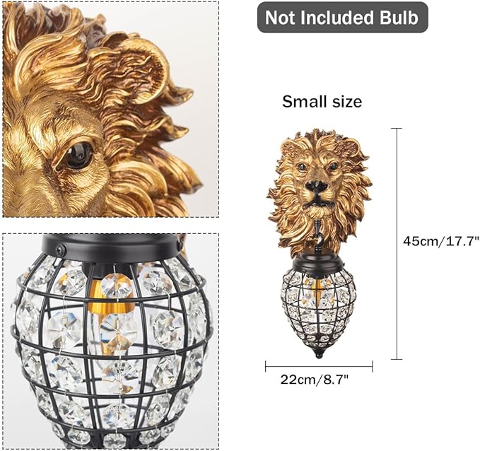 Crystal Glass Wall Sconce 1-Light Gold Resin Lion Head Wall Sconce Art Deco Wall Light Animal Wall Lamps Black Indoor Sconce for Living Room Bedroom Hallway Stairwell - Bloomnest