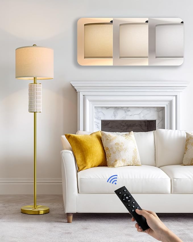PoKat Ceramic Gold Floor Lamp with Remote, 64" Modern Floor Lamps for Living Room with Stepless Dimmable Colors Temperature, Tall Standing Lamp for Living Room Bedroom Reading, 9W Bulb Included - Bloomnest