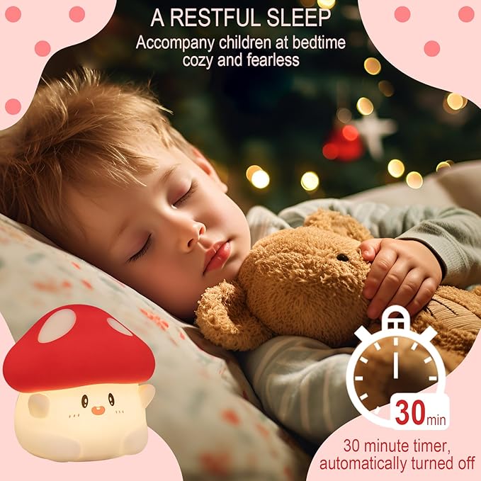 Mushroom Night Light, Cute Hug Mushroom Decor Lamp, Led Squishy Soft Silicone Night Lamp, Dimmable Rechargeable Portable Touch Nightlight for Kids Sleep, Nursery Room Cute Christmas Gifts - Bloomnest