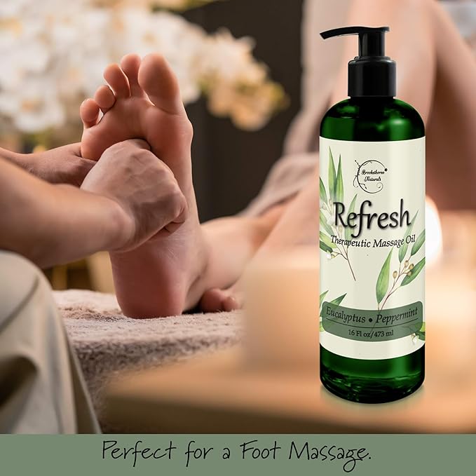 Refresh Massage Oil for Massage Therapy with Eucalyptus & Peppermint Essential Oils - All Natural, Great for Sore Muscles. Ideal for Full Body Relaxation – Nut Free Formula 16oz - Bloomnest