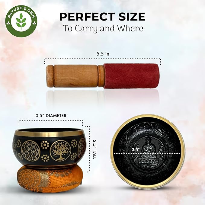 Nature's Own Tibetan Singing Bowl Set - 3.5 Inch, Black - Handcrafted in Nepal, Easy to Play - Ideal for Meditation, Yoga, Chakra Healing, Stress Relief, Spiritual Gifts for Men & Women - Bloomnest