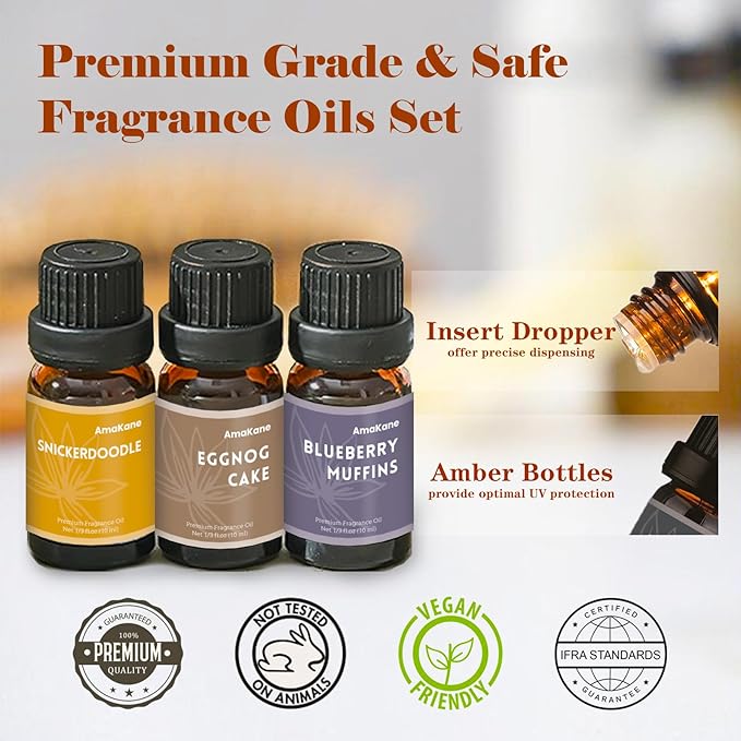AmaKane Bakery Fragrance Oils, Fall Essential Oils for Diffuser, Candle Making, Soap Scents- Apple Cinnamon, Sugar Cookies, Snickerdoodle, Eggnog Cake, Blueberry Muffin, Hot Fudge, 6x10ml - Bloomnest