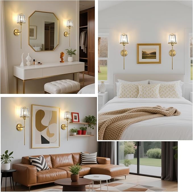 Battery Operated Crystal Wall Sconce Set of 2, Brushed Gold Wireless Wall Light with Remote Control, LED Dimmable 15 Colors USB Rechargeable Light Bulbs Wall Lamp for Bedroom Living Room Hallway - Bloomnest