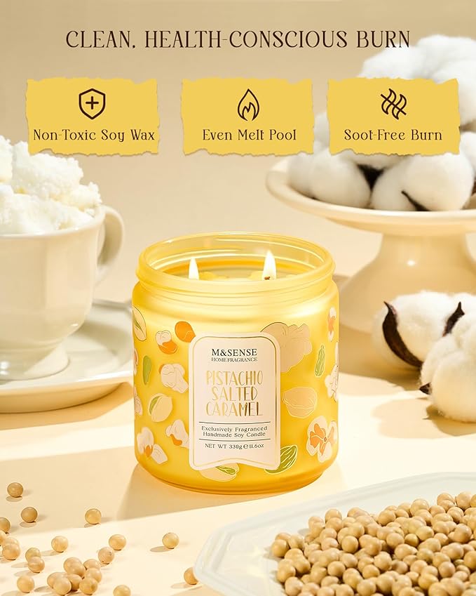 M&SENSE Pistachio Caramel Scented Candle, 11.6oz Natural Soy Wax Non Toxic, 2 Wick Jar Candle, Up to 70 Hours Clean Burn, Housewarming Gift for Women, Nutty Sweet Aroma for Home Office Comfort - Bloomnest