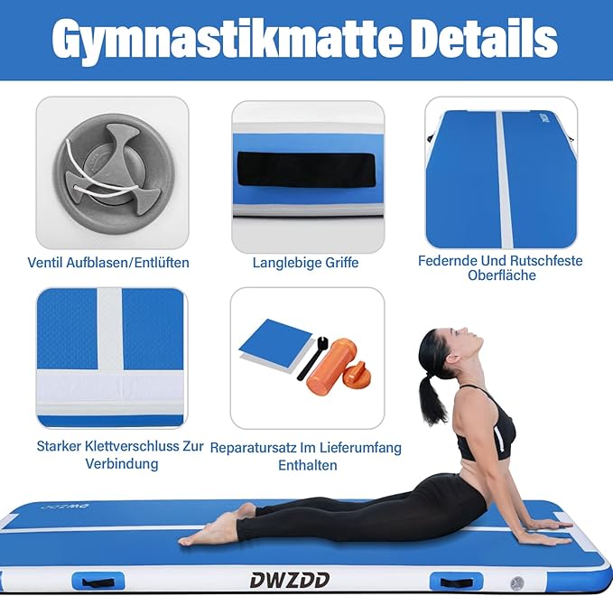 Dwzdd Gymnastics Air Mat 10ft/13ft/16ft/20ft Tumbling Mat Inflatable Gymnastics Tumble Track for Home/Gym/Training/Cheerleading/Water with Electric Pump