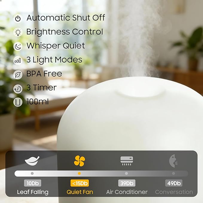 Essential Oil Diffuser Hand Blown Glass, 100ml Small Aromatherapy Diffuser, Auto Shut-Off Function, Ultrasonic Diffusers for Essential Oils, Cool Mist Humidifier with Warm White Lights（White） - Bloomnest