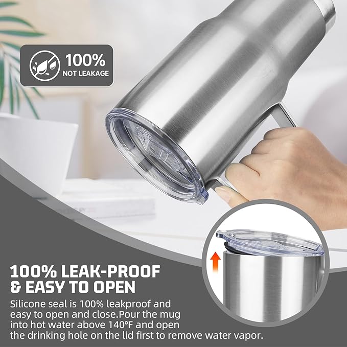 20 oz Tumbler with Handle Stainless Steel Insulated Coffee Mug Tumbler with Lid and Straw Double Wall Vacuum Insulated Coffee Mug Leak Proof Travel Mug Tumbler for Hot and Cold Drink (Silver,4pack) - Bloomnest
