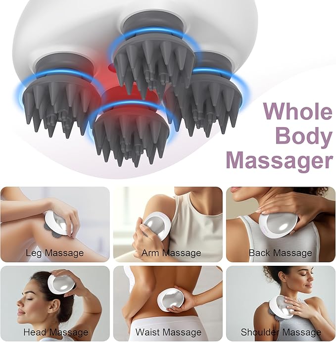 Electric Scalp Massager, Portable Head Stress Relax,IPX7 Waterproof Rechargeable Head Massager Scalp Stress Relax, Body for Deep Cleansing, Relief, Hair Growth (Silver) AIBOKEE