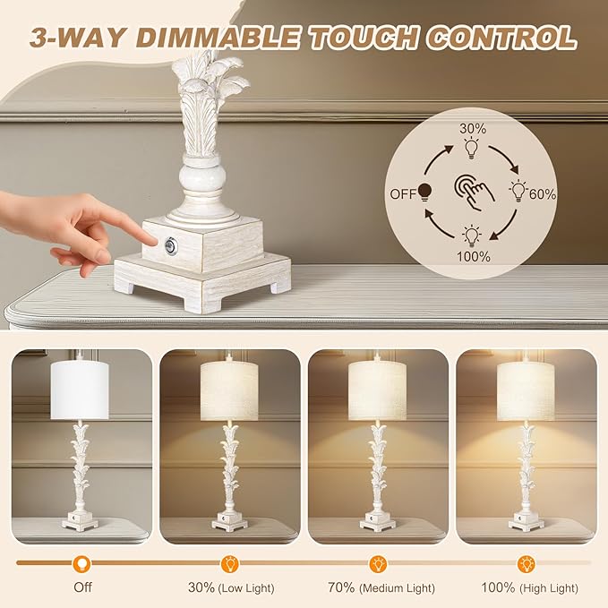 Vintage Table Lamps Set of 2, 3-Way Dimmable Touch Buffet Lamps with 2 USB Ports, 33'' Bedside Nightstand Lamps with Linen Shades, Rustic Farmhouse Table Lamps for Living Room Bedroom, Washed White - Bloomnest