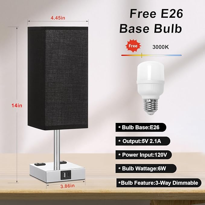 Touch Bedside Table Lamp for Nightstand - 3-Way Dimmable Night Lamp with USB A + Type C Charging Ports and Two AC Outlets, Small Desk Light with E26 LED Bulb for Bedroom Living Room Dorm Office,Black - Bloomnest