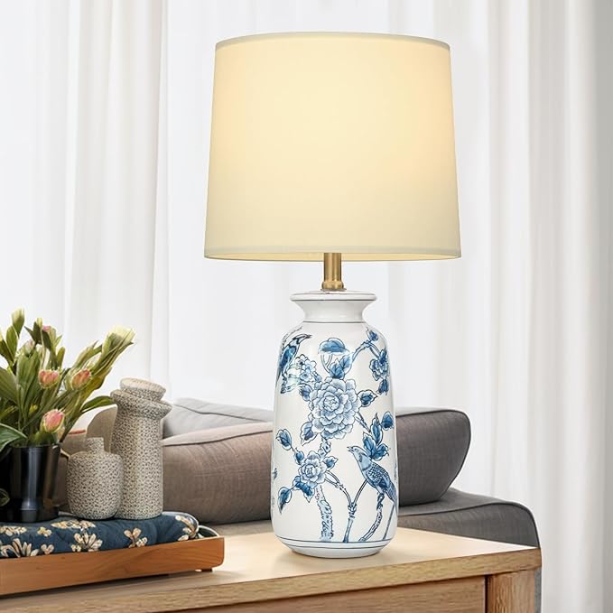 24.25" Blue Ceramic Table Lamp for Living Room, Classic Blue and White Lamp for End Table, Blue Birds and Flowers Lamps, Traditional China Nightstand Lamp for Bedroom - Bloomnest
