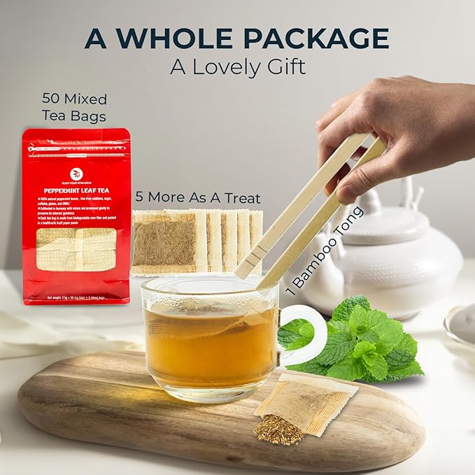 INJOY YOUR VITALGRI:N Peppermint Tea Bags - 55 Count (+5 Tea Bags) Bamboo Tong Included - 5.96 oz, Re-Steep Herbal Tea, Cool Fresh Breath, Warm Heat, Stomach Relief, Relax, Digestive Support, Mint - Bloomnest