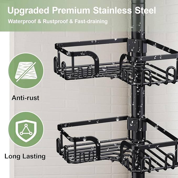 Corner Shower Caddy Tension Pole 4 Tier Adjustable Stainless Steel Shower Shelf for Inside Shower Bathtub Shampoo,Standing Bathroom Organizer Shelves with 39 to 113 inch Height - Bloomnest