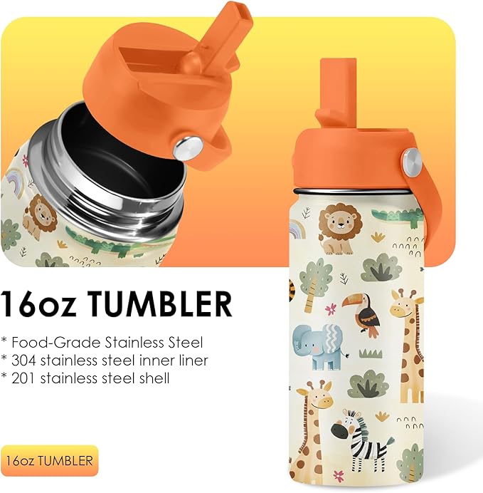 16oz Kids Wild Animal Water Bottle with Straw Lid, Stainless Steel Insulated Tumbler, Leakproof, BPA-Free, for Boys & Girls, Travel - Forest Friends Nature Lovers Birthday Gift Cup (1pc) - Bloomnest