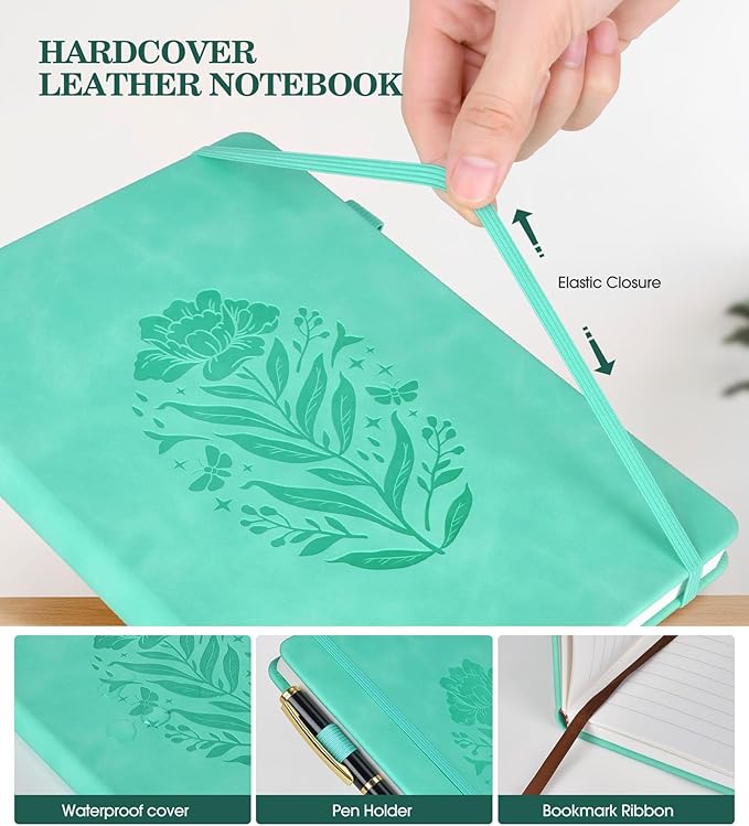 Lined Journal Notebook for Women, A5 Green Hardcover Leather Journals for Writing, 200 Pages Travel Daily Journal,Thick College Ruled Notebook for Work School, Note Taking, Business 5.75'' X 8.38'' - Bloomnest
