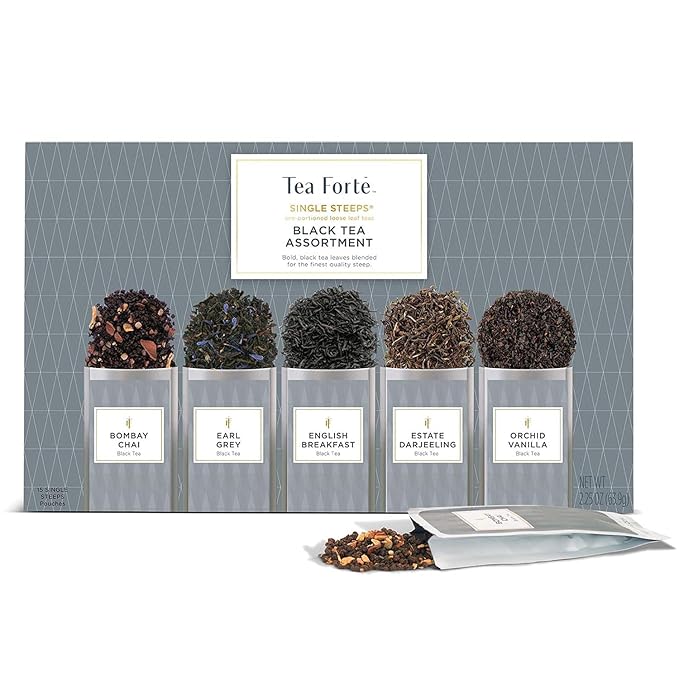 Tea Forte Black Tea Assortment Single Steeps Loose Leaf Premium Tea Gift Set Sampler, 15 Count 3 of Each Assorted Blends, Pre-Portioned Single Serve Pouches, Steeps 12 oz - Bloomnest