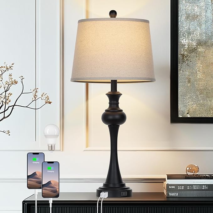 28.75'' Modern Black Metal Table Lamps Living Room Lamp for Nightstand Bedside End Lamp Home Decor Touch Lamp Modern Lamps with USB A+C Ports & Outlets （Bulb Included） - Bloomnest