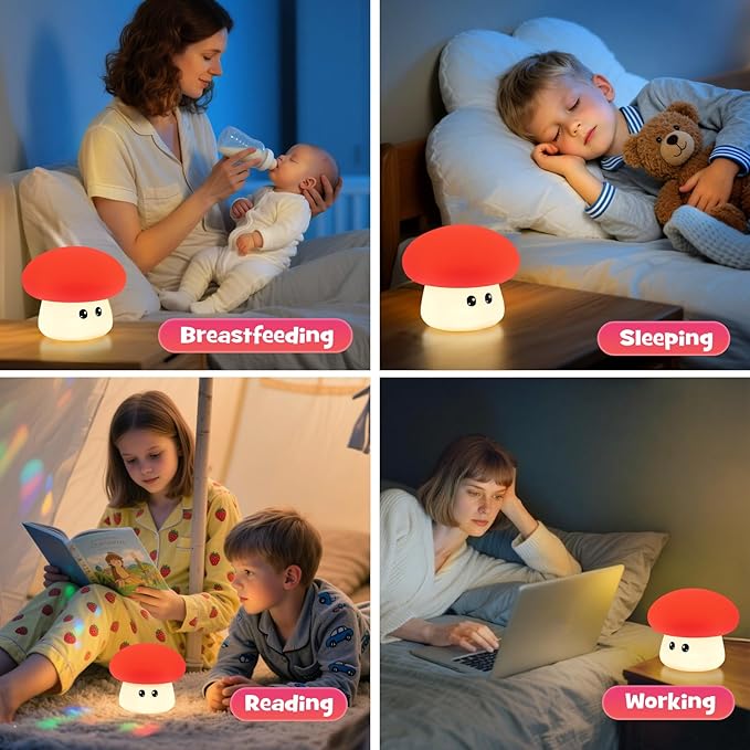 Squishy Big Eyes Mushroom Night Light with RGB Mode 3 Brightness Adjustable Nursery Breastfeeding Nightlight Cute LED Red Mushroom Lamp Rechargeable Silicone Touch Bedside Lamp for Bedroom Dorm Decor - Bloomnest