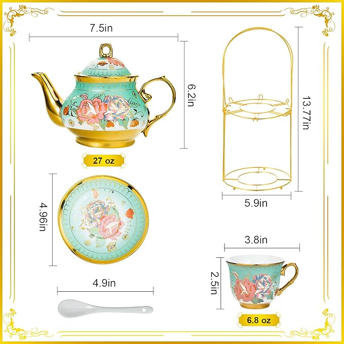 20 Pieces Porcelain Tea Set With Metal Holder, European Ceramic tea set for adults,Flower Tea Set,Tea Set For Women With Flower Painting (Large version, Green) - Bloomnest