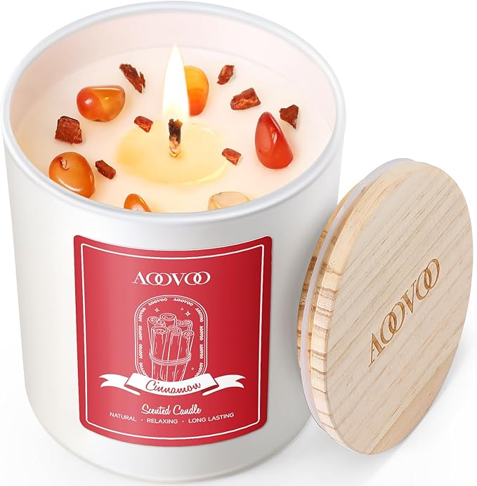 AOOVOO Cinnamon Scented Candles for Women - Aromatherapy Candle with Crystals Inside, 10oz Soy Candles for Home Scented, Birthday Gifts Christmas Candle for Women Mom - Bloomnest