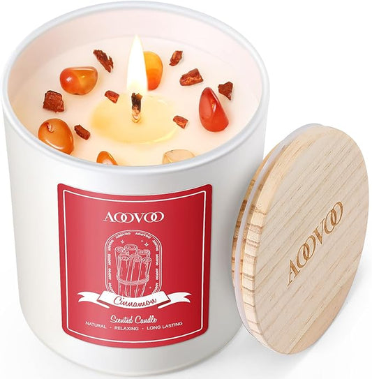 AOOVOO Cinnamon Scented Candles for Women - Aromatherapy Candle with Crystals Inside, 10oz Soy Candles for Home Scented, Birthday Gifts Christmas Candle for Women Mom - Bloomnest