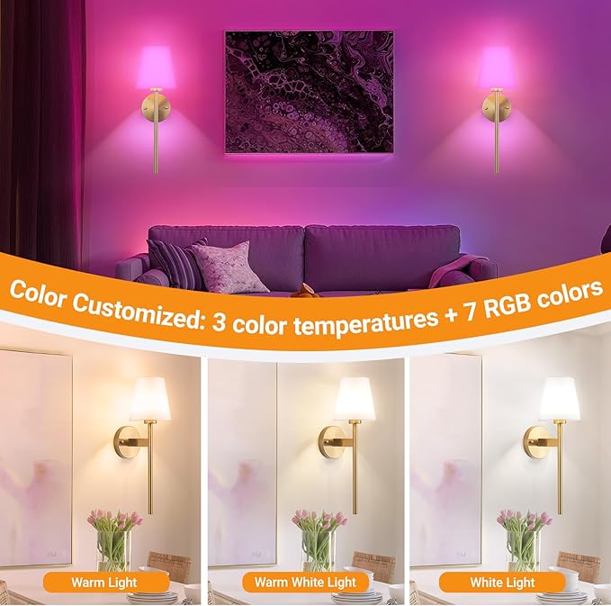 Battery Operated Wall Sconces Set Of 2, Wireless Battery Wall Light With 10000mAh RGB Rechargeable Magnetic Bulb, Rechargeable Wall Sconce With Remote Control For Bedroom, No Electrician Required - Bloomnest