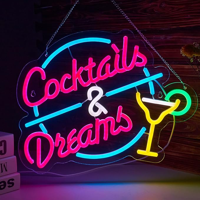 Cocktails and Dreams Neon Sign for Wall Decor Beer Bar Neon Light Smart plug timer compatible USB-Powered Perfect for Home Bars, Pubs & Restaurants (15.4x12.6 Inches) - Bloomnest