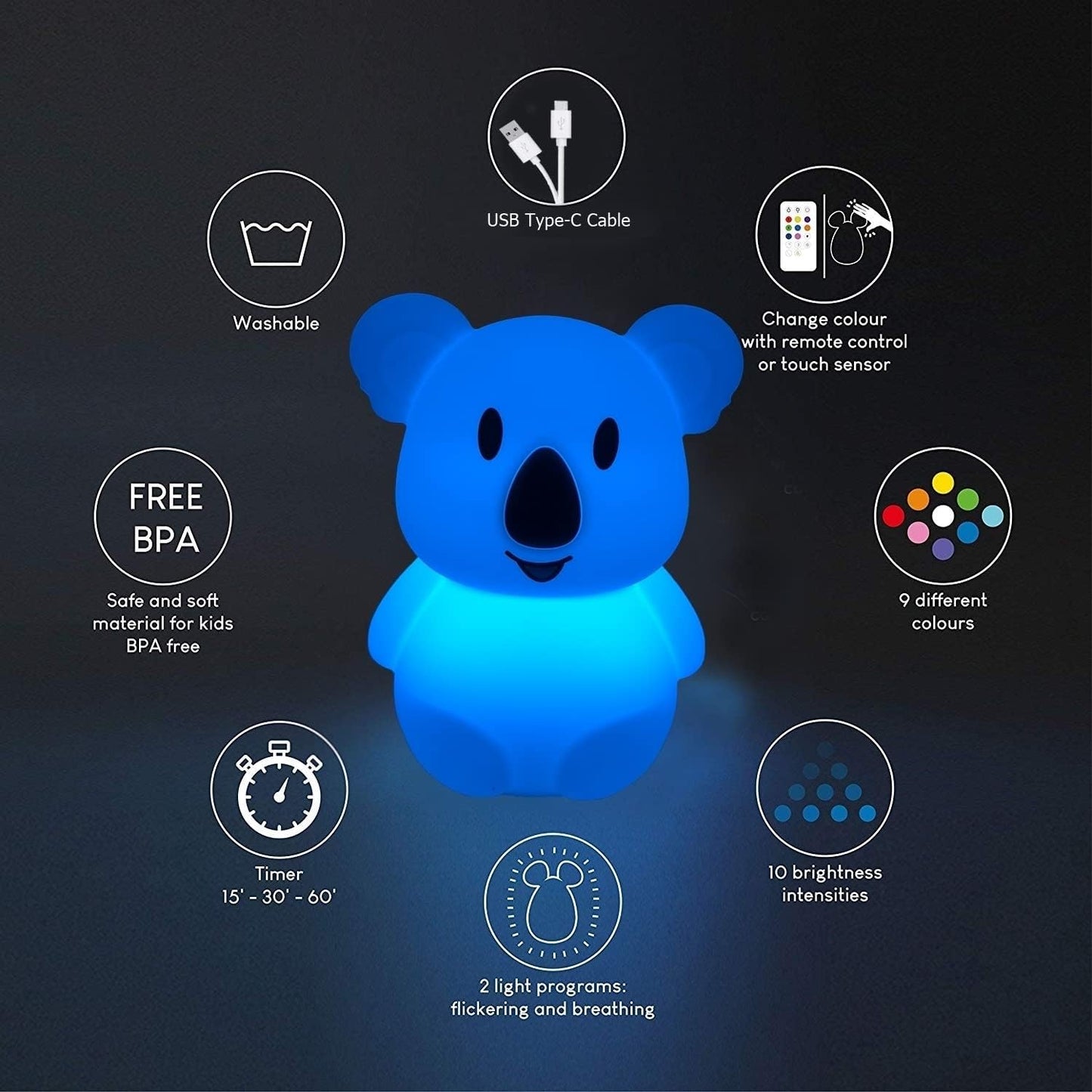 Koala Night Light for Kids Silicone Bedside Bedroom Lighting, Baby Nursery Light Sleeping NightLights, Color Changing Lamps - Eye Caring, Adjustable Brightness & Color, Time Setting - Medium