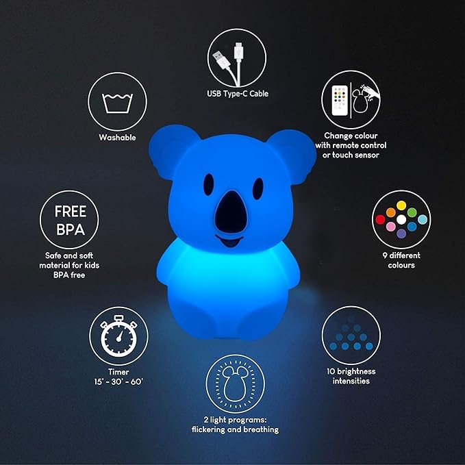 Large Koala Night Lights Kid Bedside Bedroom Light, Nursery Moon lamp, Portable Color Changing Care Lamps - Break Resistant, Eye Caring, Adjustable Brightness & Color and Time Setting - Large - Bloomnest