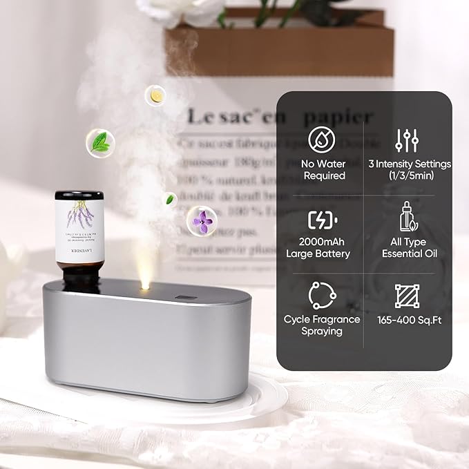 Waterless Diffuser for Essential Oil, Battery Operated Scent Air Aromatherapy Diffuser, Mini Aroma Diffusers with 3 Intermittent Mist Modes, Cycle Start for Home Office Bedroom - Silver - Bloomnest