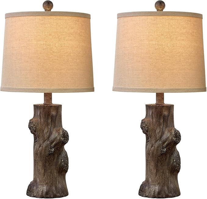 OYEARS 23"Resin Table Lamps for Living Room Set of 2 Country Cottage Farmhouse Lamp for Bedroom Tree Trunk Wood Grain with Oatmeal Fabric Round Shade Vintage Rustic Traditional Nightstand Bedside Lamp - Bloomnest