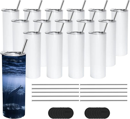 AGH 50 Pack Sublimation Tumblers Blank 20 OZ Straight Skinny Tumbler with Metal Straw, Stainless Steel Double Wall Insulated Tumbler for Tumbler Press Machine - Bloomnest