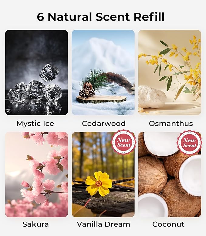 Smart Car Air Fresheners, Ambient Light & Mist Fragrance, Auto On/Off Car Air Freshener Diffuser, Adjustable Intensity, Lasts 6 Months, Built-in Battery, Premium Scents Refill X2 - Mystic Ice - Bloomnest