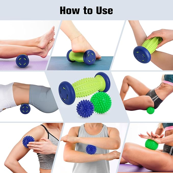 Massage Ball - 3 in 1 - with Foot Roller & Spiky Balls, Plantar Fasciitis Relief and Heel Spur Relief, Foot Roller Massage and Trigger Point Ball