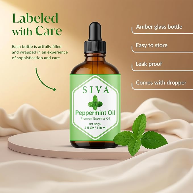 Siva Peppermint Essential Oil - 4 Fl Oz – 100% Natural Peppermint Oil - for Diffuser, Face, Skin Care, Aromatherapy, Hair Care, Scalp and Body Massage - with Dropper - Bloomnest