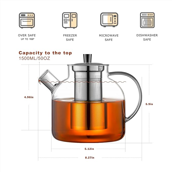 1500ml(50oz) Glass Teapot with Removable Infuser, Ehugos Stovetop Safe Large Tea Pot, Blooming and Loose Leaf Hand Crafted Kettle for Women and Adult with Stainless Infuser - Bloomnest
