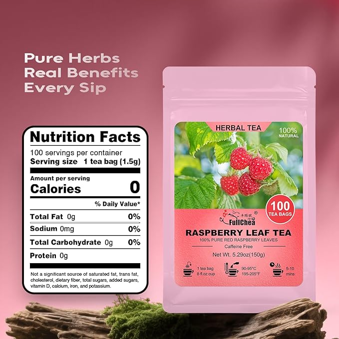FullChea - Raspberry Leaf Tea Bag, 100 Count - Natural Pregnancy Tea for Women's Wellness, Menstrual Cycle & Uterine Health - Pure Red Raspberry Leaves - Non-GMO - Caffeine-free - Bloomnest