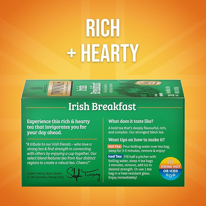 Twinings Irish Breakfast Black Tea Individually Wrapped Bags, 20 Count (Pack of 6), Flavourful, Robust Black Tea, Caffeinated, Enjoy Hot or Iced, 120 Teabags - Bloomnest