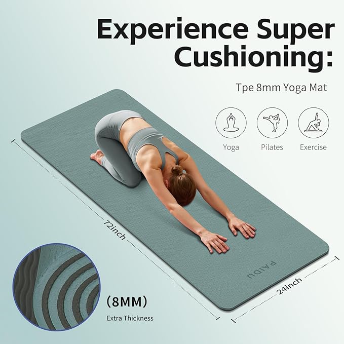 Yoga Mat 8mm Super Thick TPE Fitness Mat | SGS Certified | Non-Slip, Odorless & Tear-Resistant | Unisex with Strap | for Yoga, Pilates, Meditation & Home Workouts - Bloomnest