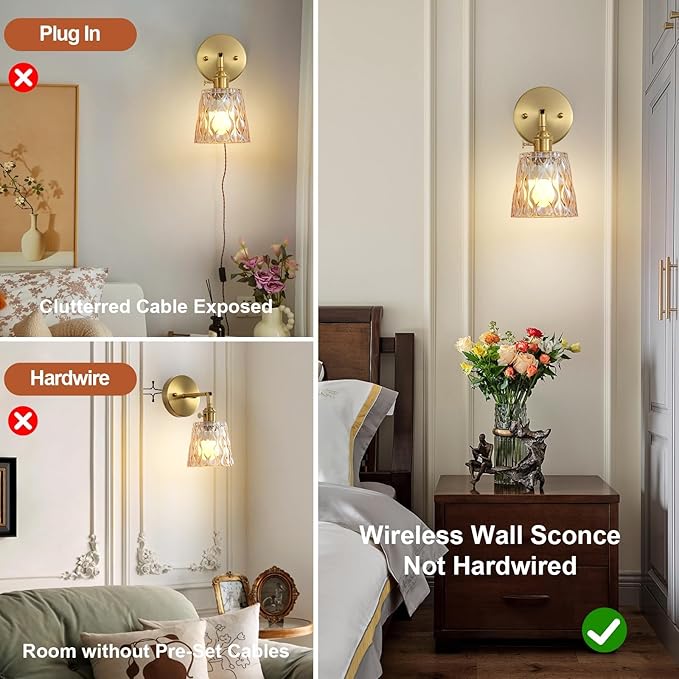 2 Pack Vintage Battery Operated Wall Sconces with Amber Glass Shade, Wireless Rechargeable RGB Wall Light, Remote Control & 180 Degree Adjustable, for Bedroom Living Room Hallway Aisle - Bloomnest