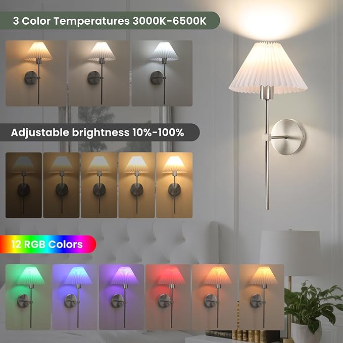 Wireless Wall Sconce Sets of 2, Pleated Shades Rechargeable Battery Operated Wall Sconce, Retro Industrial Brushed Nickel Bathroom Vanity Lights, Wall Mounted Lamps for Bedroom Living Room Hallway - Bloomnest