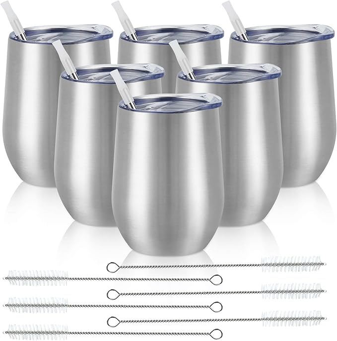 6 Pack Stainless Steel Wine Tumblers, 12Oz Insulated Wine Tumbler, Double Wall Insulated Wine Glass, Stainless Steel Stemless Wine Cups with Lids for Coffee, Wine, Cocktails, Champaign, Silver - Bloomnest