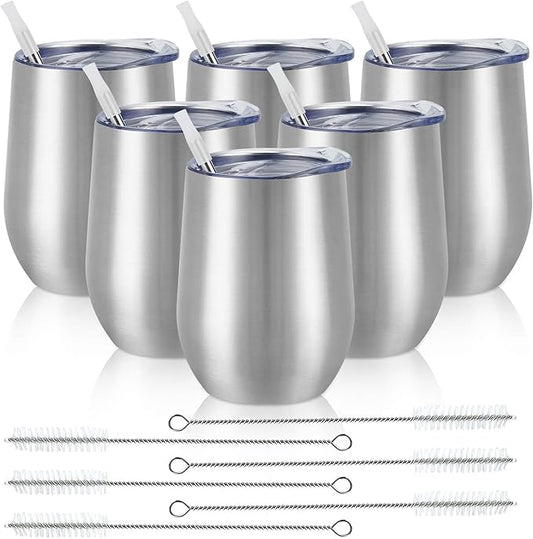 6 Pack Stainless Steel Wine Tumblers, 12Oz Insulated Wine Tumbler, Double Wall Insulated Wine Glass, Stainless Steel Stemless Wine Cups with Lids for Coffee, Wine, Cocktails, Champaign, Silver - Bloomnest
