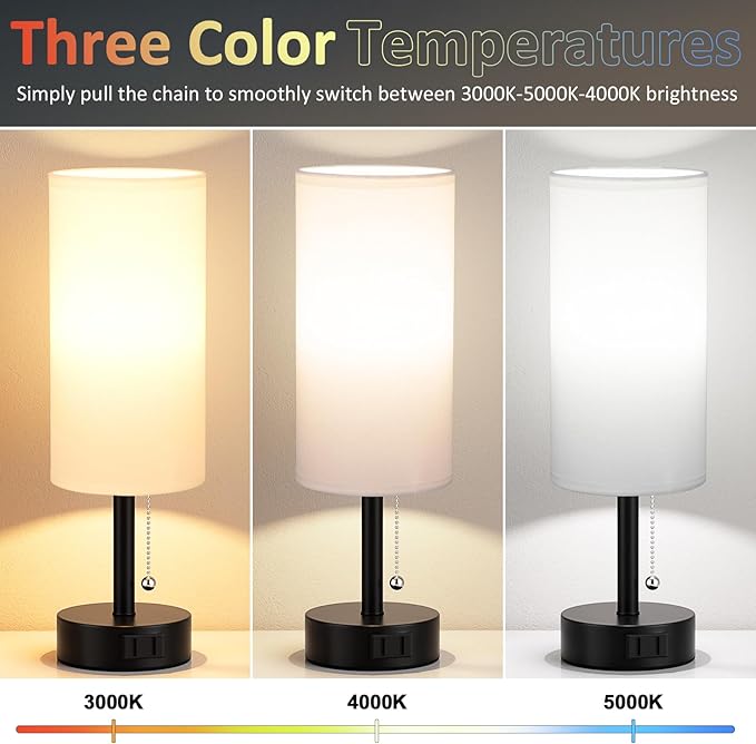 Fenmzee White Bedside Table Lamps Set of 2-3 Color Temperatures Pull Chain Lamp with AC Outlet Charging Port, Round Night Stand Lamps for Bedroom Office, Small Bed Side Light with E26 LED Bulbs - Bloomnest