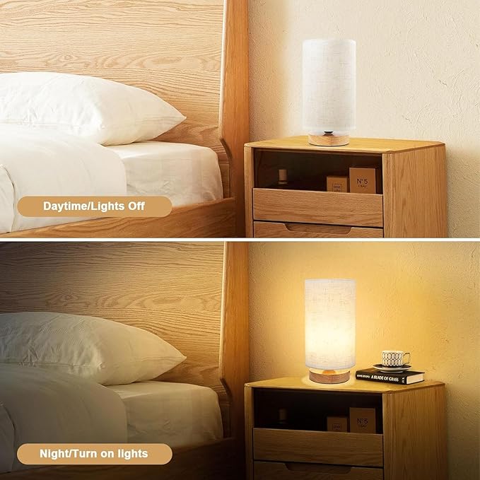 3-Color Adjustable Bedside Table Lamp for Bedroom,Minimalist Wood Base&Round Fabric Shade,Cozy Lighting Nightstand Boho Lamp,Study Reading Desk Night Stand Light for Living Room,Office,kitchen,Nursery - Bloomnest